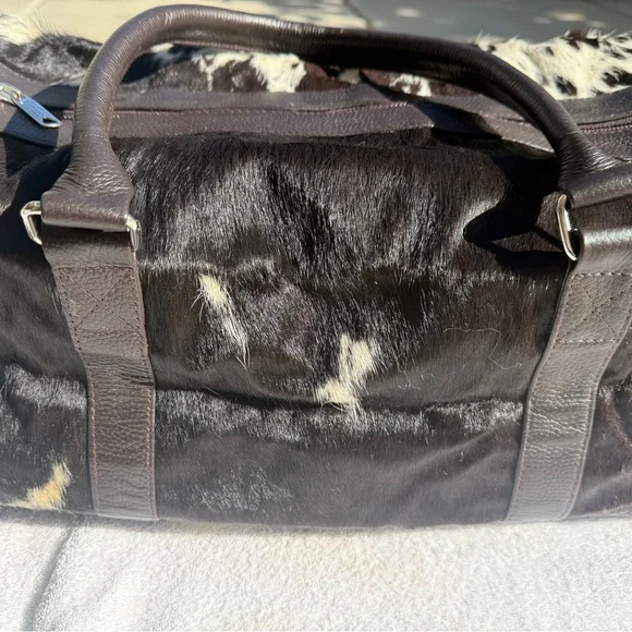 Genuine cowhide leather Duffel bag brown and cream hair on hide weekender